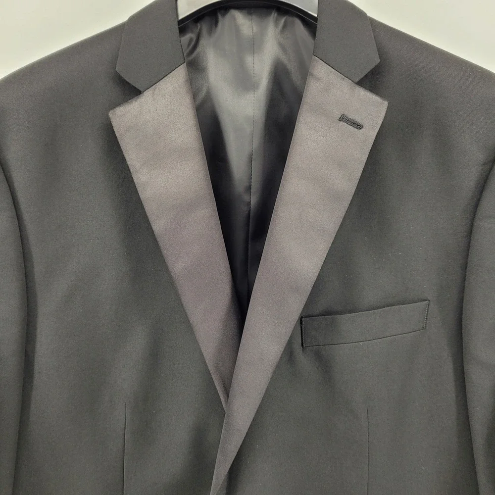 Van Heusen Mens 44L Formal Black Tuxedo Jacket Vest Set Satin Trim Wedding Prom